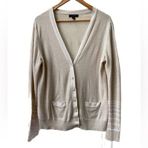 Lands' End Cardigan Size Medium Beige White Contrast Linen Cotton Blend Grandpa